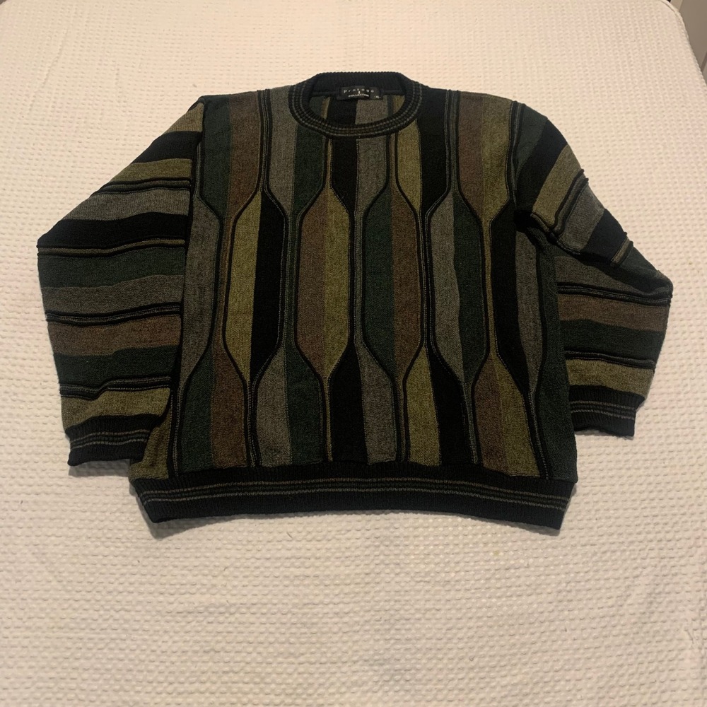Protege Collection Mens XL Vintage 3D Textured Knit Sweater Green Geometric